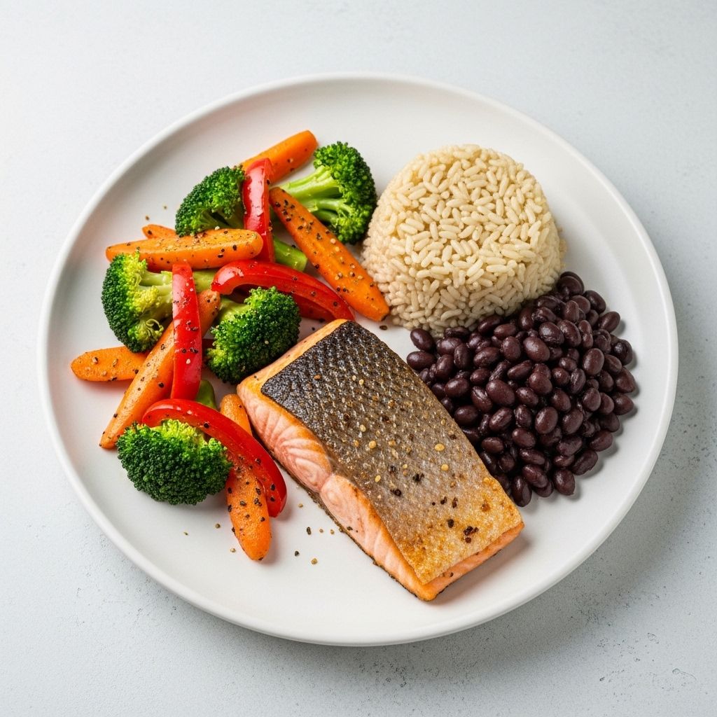 Välkomponerad tallrik med balanserade portioner av kokta grönsaker, fullkornsris, bönor och en bit lax på en ljus bakgrund