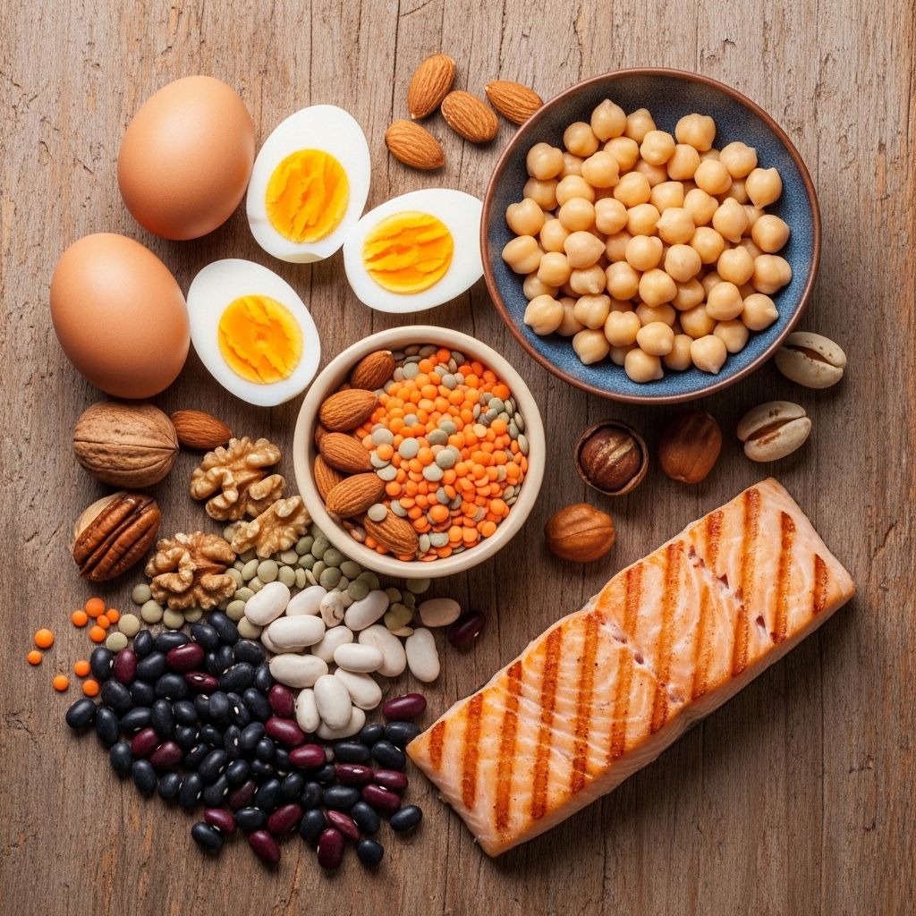 Urval av proteinrika livsmedel: ägg, kikärtor, nötter, torkade bönor och ett stycke fisk arrangerade på en träyta